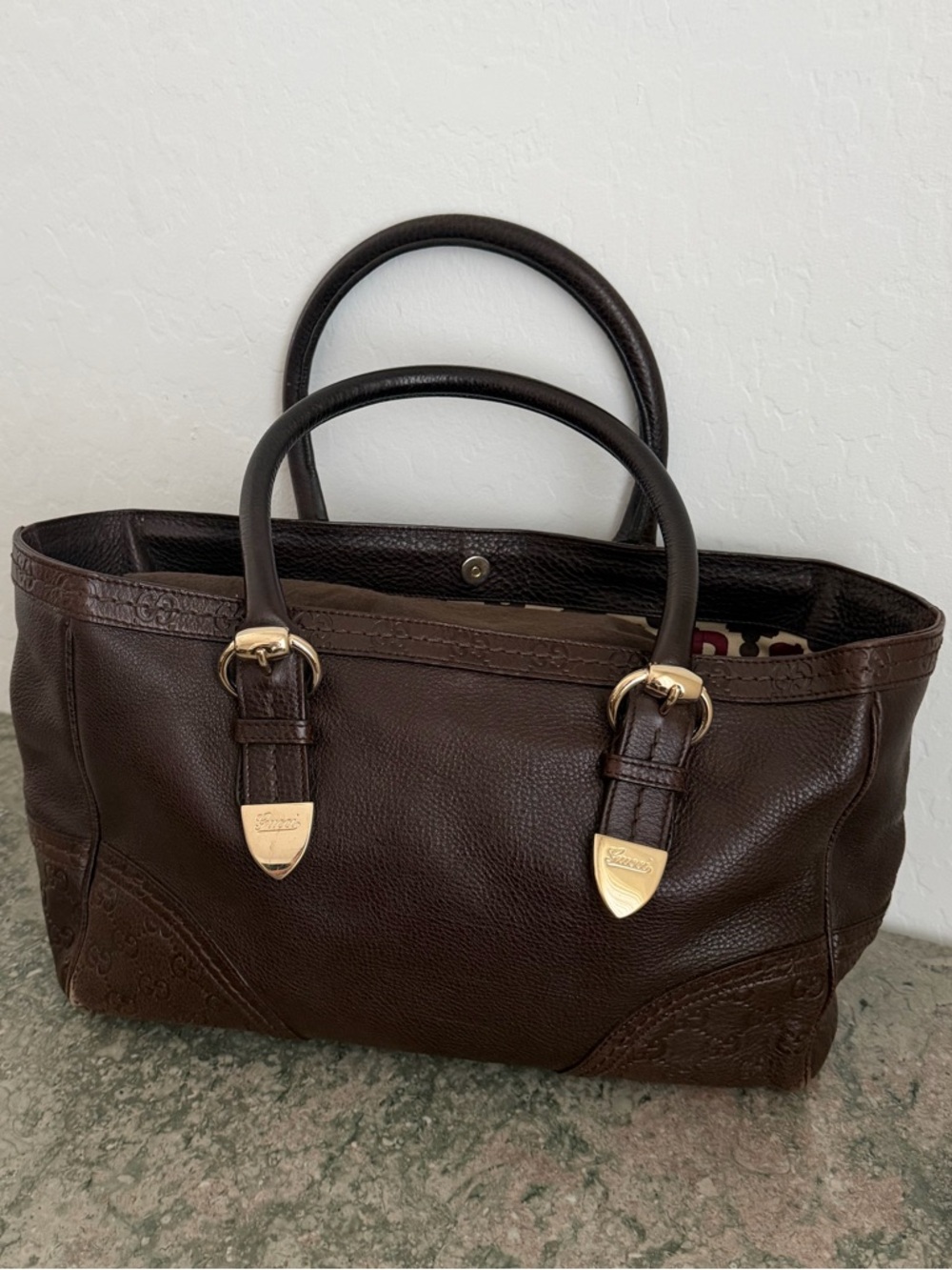 Gucci Embossed Leather Tote - Brown